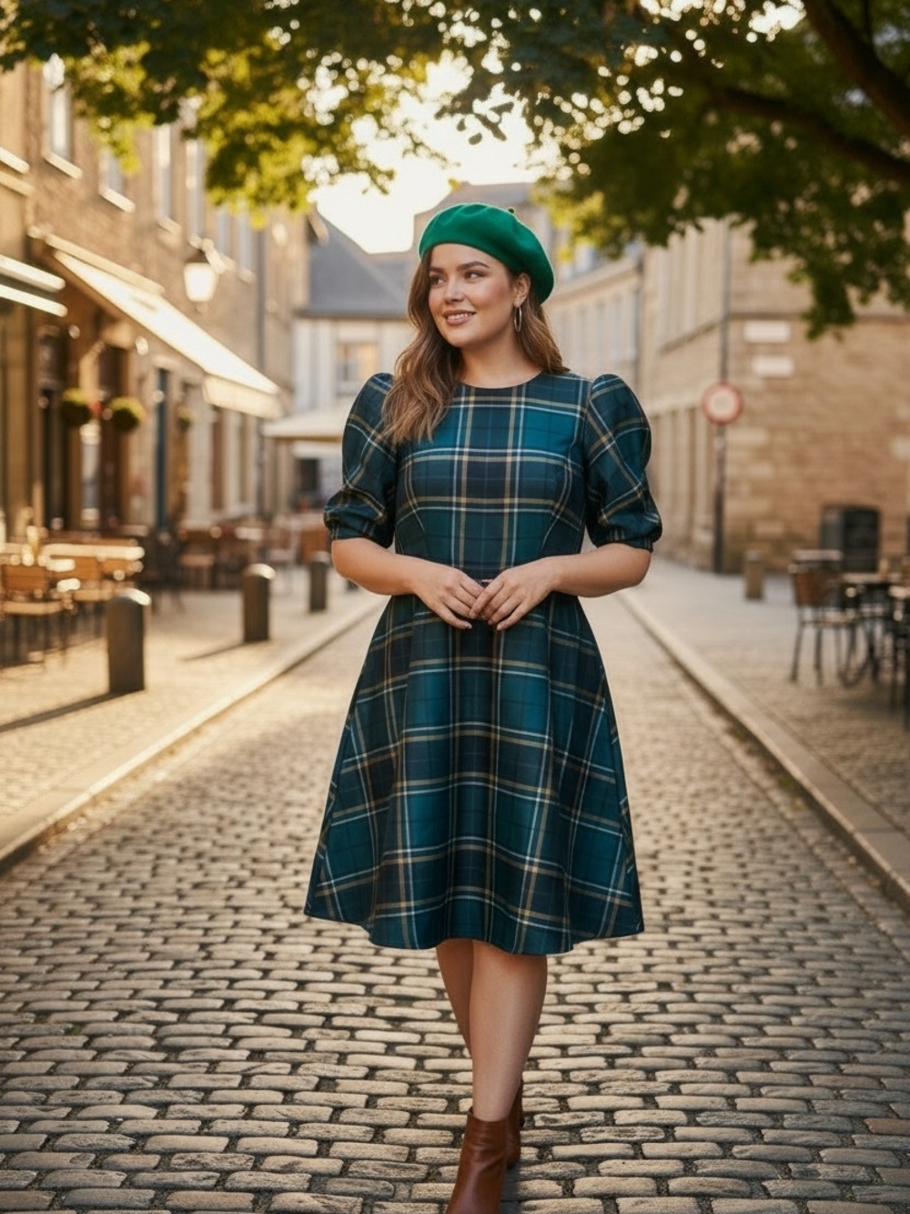 New York & Company Teal Plaid Puff-Sleeve Midi Dress